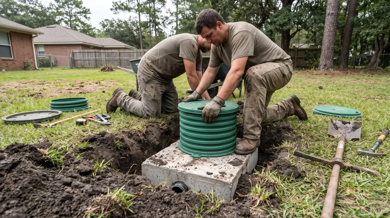 Two workers fitting a green riser onto a concrete septic tank in a dug-out lawn